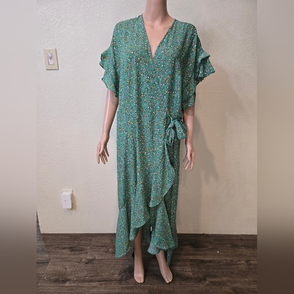 Max Studio Green Floral Wrap Dress with Flutter Sleeve Flounce Hem Women… - Picture 4 of 8
